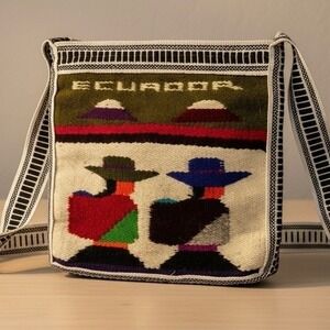 Handmade Woven Shoulder Bag Folk Art Kilim Style Two Figures Artisan 8x8 Ecuador